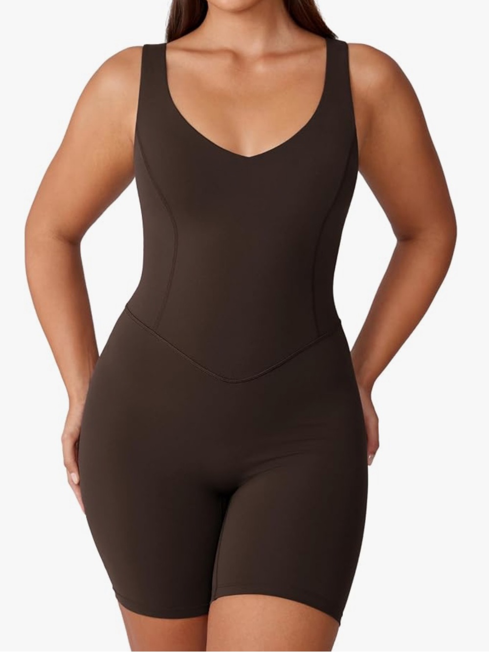 UNISSU Hugcurve V Neck Jumpsuit Athletic Workout Romper Bra Brown Women’s Med